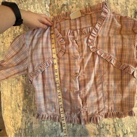 Kina and Tam Plaid & Prejudice Blouse Sz M Coquette Ruffle Romantic Regency Pink - Picture 14 of 16